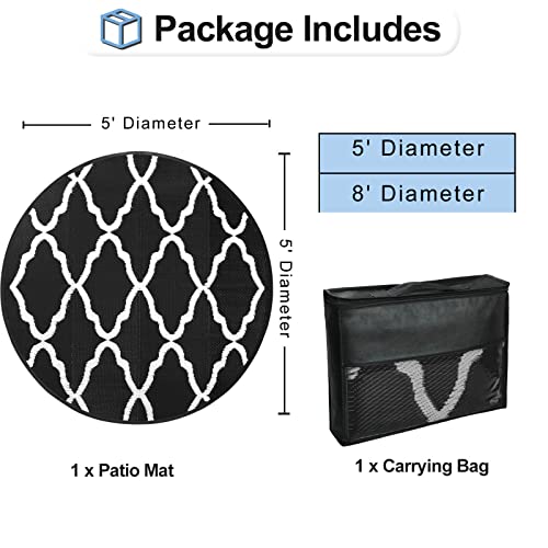 Outdoorlines Indoor Outdoor Rugs For Patio 5 Feet - Reversible Outside Carpet, Stain & Uv Resistant Portable Rv Mats, Plastic Straw Rug For Camping, Pool Deck, Porch Moroccan/Black & White #TOP5