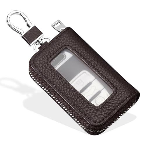 DOKRIN Estuches de llaves para hombre 1 funda de cuero para llaves de coche, funda para mando a distancia con ventana transparente, llavero para coche con gancho metálico y cremallera, unisex