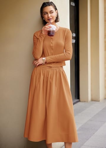 Image of Panadila Womens 2 Piece Lounge Sets Matching Vacation Outfits Ribbed Button Down Cardigan and Elastic Waist Skirt Sets