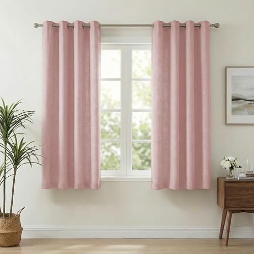 NICETOWN Blush Pink Linen Blended Curtains 63 Inch for Baby Bedroom, Light Filtering Semi Sheer Burlap Curtains Farmhouse Grommet Privacy Window Drape