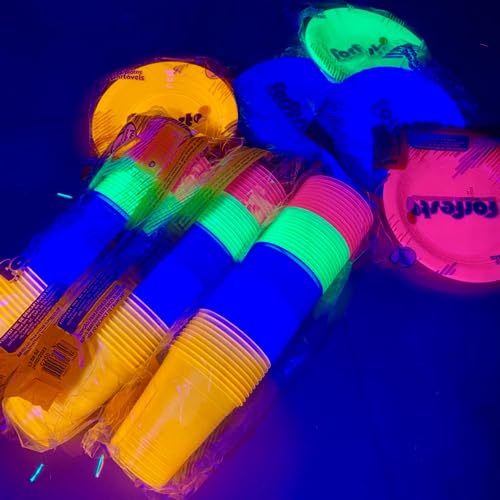 Kit Prato E Copo P/Festa Neon Brilha Na Luz Negra 100 Peças Boate Balada Decoração
