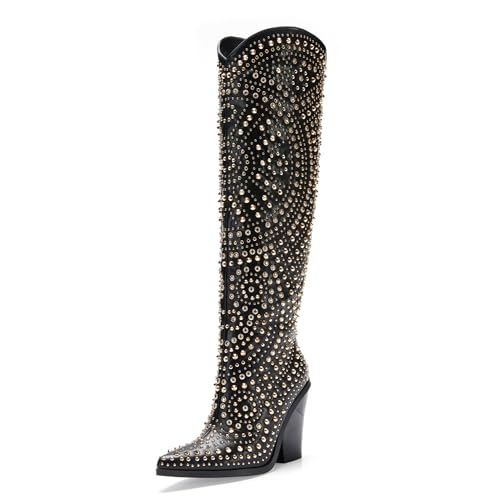 Women's Texas Studded Western Boot - Chunky Heel Cowgirl Knee-High Boot - Black, 7