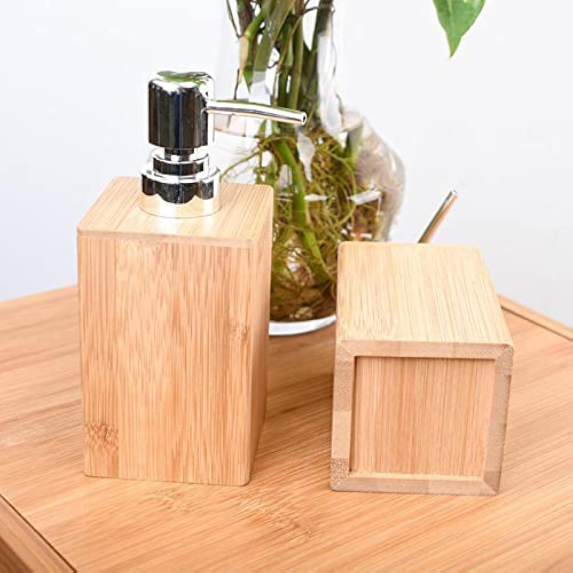 Square Bamboo Wooden Lotion Pump Bottle Dispenser