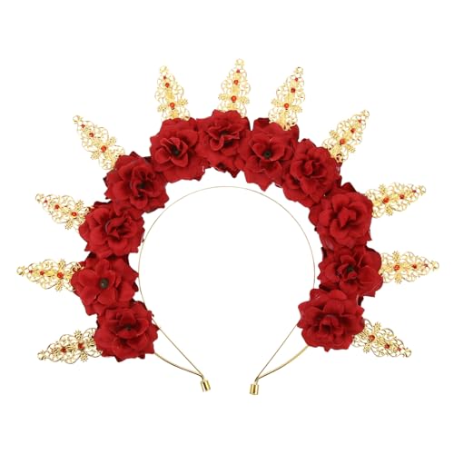 PATKAW De Flores Diadema Rosa Tocado De Disfraz De Sol Novia Tocado Virgen Tiara De Quinceañera Tocado De Oro Fuente Vestir a La Princesa Tocados Paseo Floral Rojo Metal