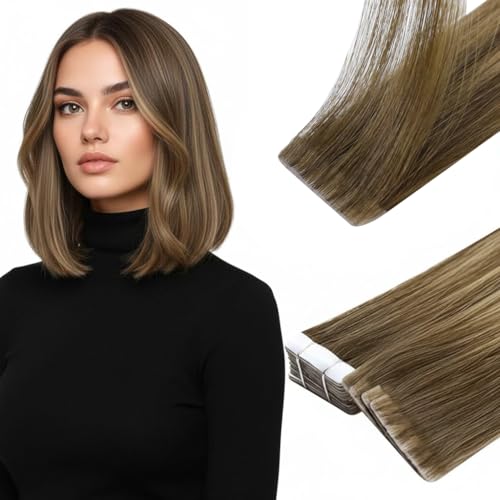 Full Shine Injection Invisible Tape in Hair Extensions Human Hair Color 4/24/4 Brown Fading to Blonde and Brown Balayage Hair Extensions 14 Inch 40G 20Pcs Seamless Skin Weft For Daily Wear