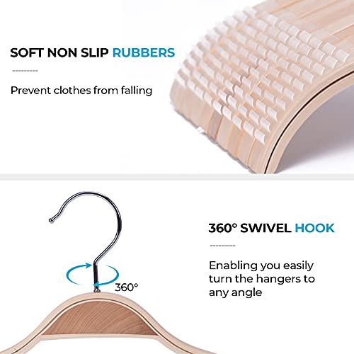 JS Hanger Lightweight Non Slip Wooden Hangers - 30 Pack Heavy Duty Wood Coat Hangers with Soft Stripes for Camisole, Jacket, Dress Clothes, Sweater, Natural Finish