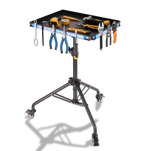 HZ-WONMIO Mesa de trabajo móvil de altura ajustable con ruedas y tira magnética, banco de trabajo de metal, organizador de almacenamiento de herramientas para garaje, carpintería, tienda, oficina en