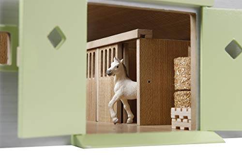 Kids Globe Farming Reiterhof rosa Bauernhof Pferdestall Holz 1:32 mit 9 Boxen, Spielzeug Pferdehof, mit praktischem Faltdach, für alle gängigen Tierfiguren 610188