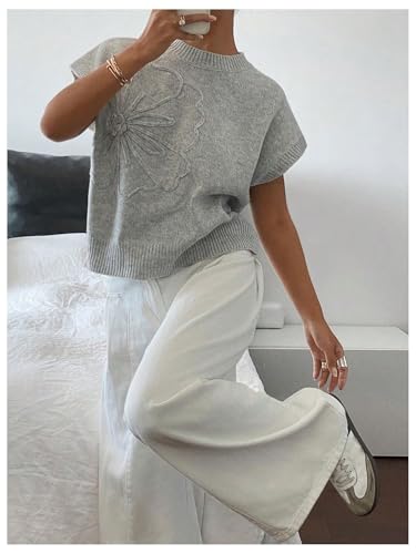 Image of SOLY HUX Women's Short Sleeve Sweater 3D Floral Sweaters Pullover Tank Tops Knit Vest Trendy Fashion Clothing