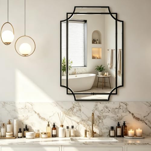 womilous 30" x 20" Rectangle Decorative Beveled Mirror with Geometric Frame