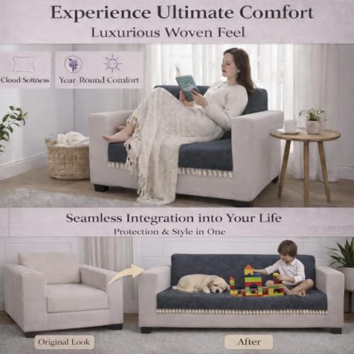 Image of STITCHNEST Beige Chenille Sofa Cover 48x30 Inch - Soft, Durable & Textured Fabric with Tassels | Sofa for Living Room, Bedroom, or Drawing Room9