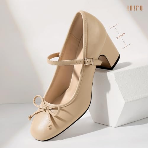 Image of IDIFU IN2 Mary Janes for Women Closed Toe Block Heels Cute Bow Dress Shoes