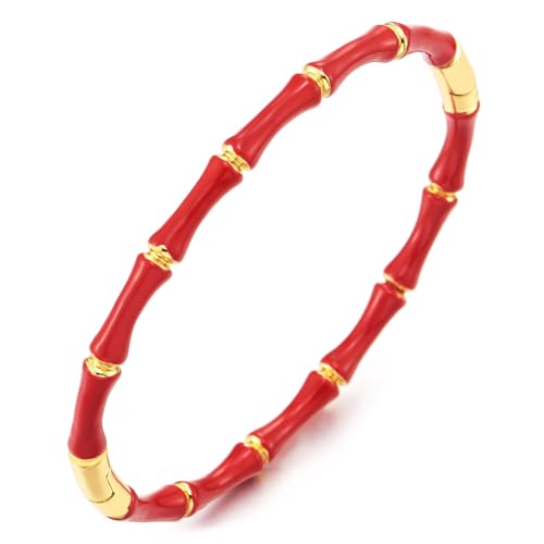 Red Bamboo Section Bangle Bracelet Gold Stainless Steel and Red Enamel Push-In Clasp Fashion Jewelry