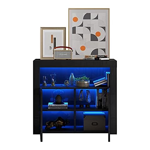 Yahoms Sideboards, LED Sideboard Storage Cabinet, High Gloss Sideboard Cupboard for Dining Room Living Room Hallway (Black, 2 Doors) Cover