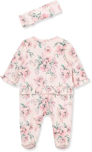 Little Me Clothes for Baby Girls 100% Cotton 2Pc Zipper Closure Footie and Headband Set, Baby Essentials, Preemie to 9 Months2