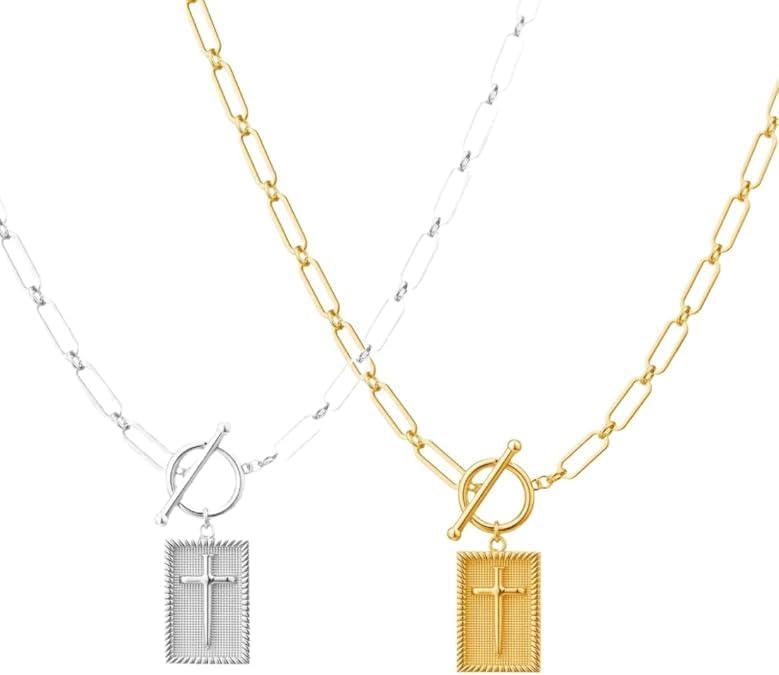 Cross Necklaces for Women,14K Gold Plated/Silver Plated Cross Pendant Necklace,Chunky Cross Charm Necklace for Women Trendy Toggle Clasp Paperclip Chain Dainty Religious Jewelry Gift for Christian Faith Baptism First Communion