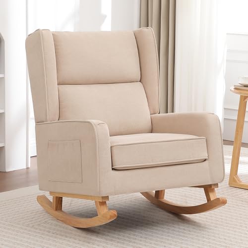 Image of HCHAIRH Nursery Rocking Chairs, Rocking Chair Nursery for Mom Nursery Rocker with High Backrest and Solid Wood Legs, Khaki Modern Wingback Accent Chair for Reading Living Room Bedroom