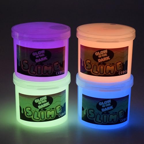 Glow in The Dark Slime Kit 6 Pack, Neon Blue, Green, Pink, Yellow Colors, Non Sticky, Glowing Galaxy Slime Kit for Kids, Kids Party Favors, Goody Bag Fillers, Stress Relief Toys, Holiday Supplies