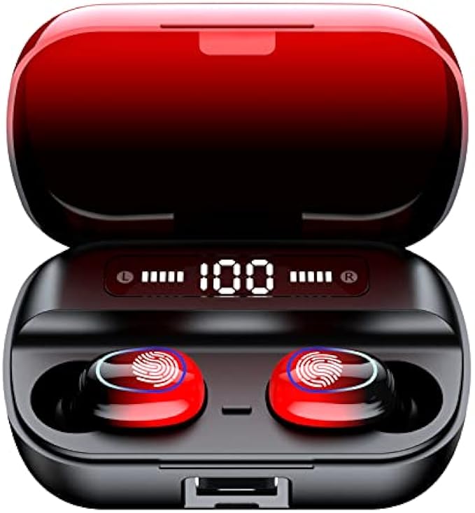 Bluetooth Earbuds Wireless Ear Buds Touch Control Wireless Earphones with HiFi Stereo Audio, Noise Reduction, IPX7 Waterproof Headphones, LED Charging Case, Built-in Mic for Sport/Work/Travel Red