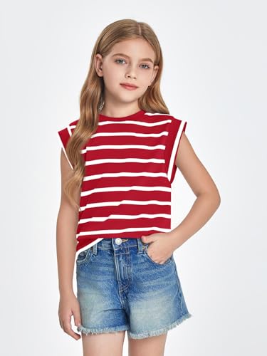 Image of Haloumoning Girls Cap Sleeve T Shirts Summer Striped Tank Tops Tees 4-14 Years
