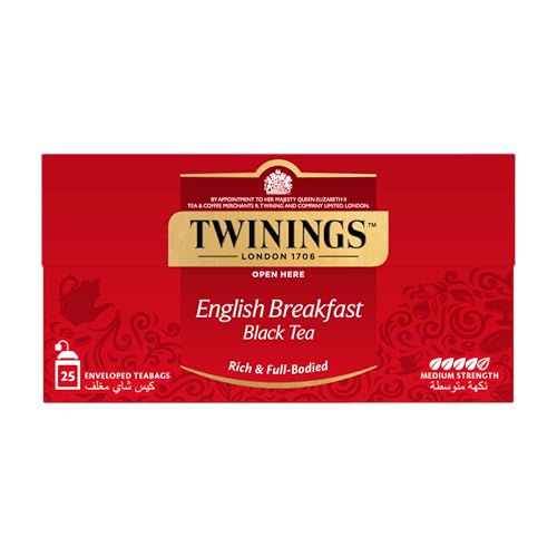 Twinings English Breakfast Black Tea, Individual Tea Bags, Traditional Luxury Tea Blend with Strong Well Rounded Flavour, 25 Tea Bags