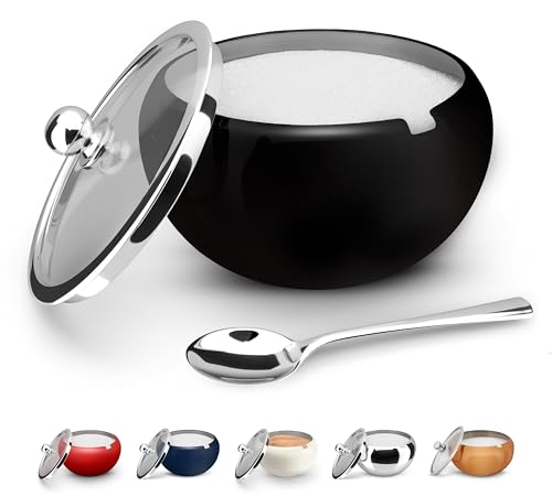 KooK Sugar Bowl, Sugar Bowl with Lid and Spoon, Sugar Container with Lid, for Salt, Coffee, Holds 2 Cups, Dishwasher Safe, Matte Black, 16 Oz