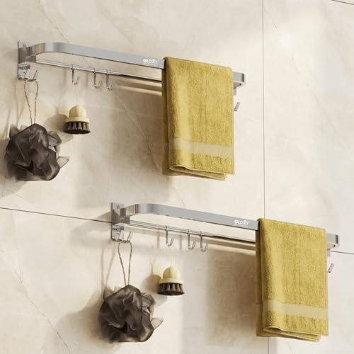 Image of GLOXY Premium Towel Hanger for Bathroom Combo Pack of 2-24 Inch Chrome Finish Stainless Steel Towel Holder in Bathroom - Wall Mount Towel Rod for Bathroom with Hooks to Keep Towels Well Organised