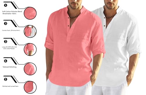 Image of Zombom Men's Combo Cotton Polyester Blend Solid Full Sleeve Straight Regular Fit Mandarin /Chinese Collor Kurta (Pack of 2)