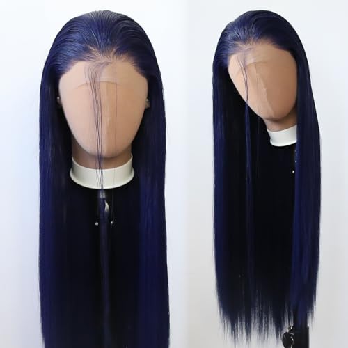 Towarm Dark Blue Wig Long Straight Navy Blue Synthetic Lace Front Wigs Pre Plucked Natural Hairline with Baby Hair for Black Women Heat Resistant Fiber Hair Cosplay Daily Wear Wig (Dark Blue)