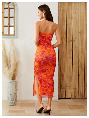 Image of Milumia Women's 2026 Summer Floral Strapeless Tube Top Dresses Side Slit Wedding Guest Bodycon Maxi Dress