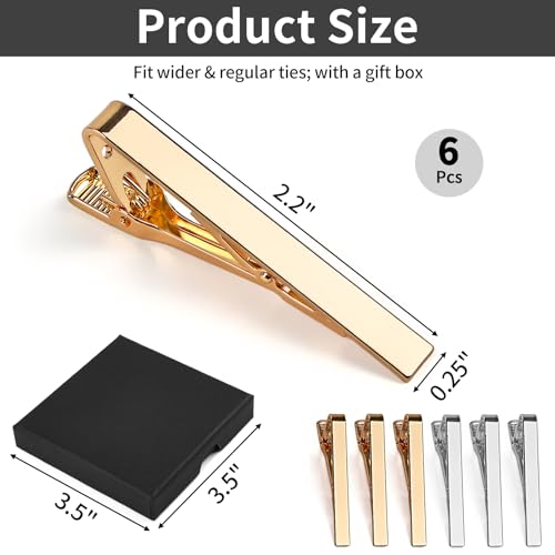 Image of MOWPOG 6 Pcs Tie Clips for Men, Tie Bar Pins Tacks with Gift Box | Copper, Shiny & Glossy, for Father, Husband, Boyfriend, Business, Wedding, Suit Accessories, Easy to Open, Won't Fade /Scratch