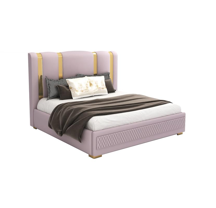 Image of STRATA FURNITURE Solid Wood King Size Bed with Box Storage and Upholstered Headboard | Modern Wooden Double Bed Cot Palang Furniture for Bedroom, Hotels, Living Room, Home (Light Purple)
