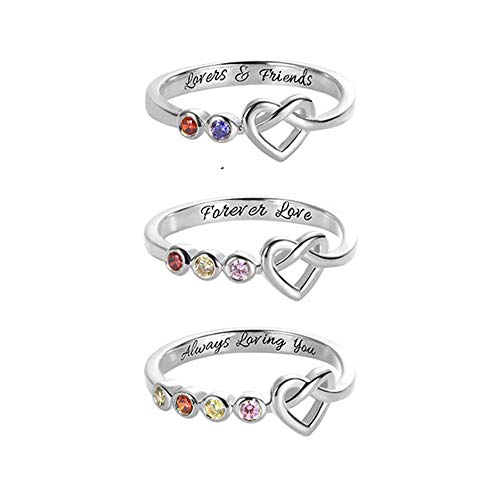 Yandam 925 Sterling Silver Heart-Shaped Women's Ring Custom Name Ring Engraved Name & Birthstone Family Ring Personalized Ring(Silver 5)