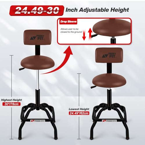 Image of Shop Stool with Backrest, Mechanic Garage Stool for Workshop, Adjustable Shop Stools Chair, Padded Workbench Stools for Men Women, 300 LBS Capacity, 360 Swivel PVC Seat, Heavy Duty, Brown