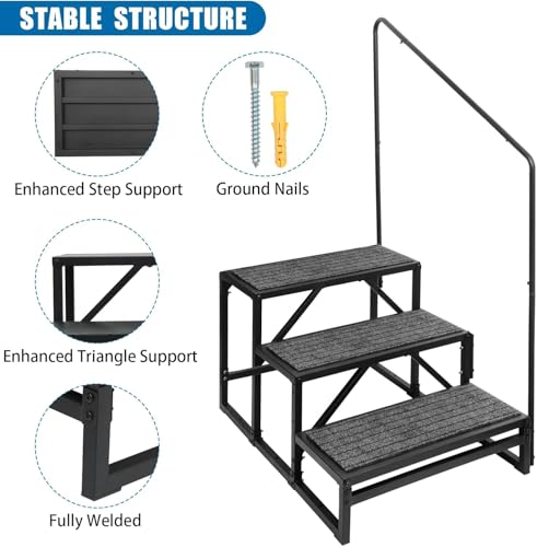 Image of RV Step with Handrail, 3-Step Stable Heavy Duty Universal Stair
