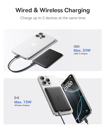 Image of Baseus Picogo Power Bank, 0.3 inch Ultra Slim 5000mAh MagSafe Portable Charger, Card-Size Magnetic Battery Pack with USB-C Braided Cable, Alloy Wireless Charger for iPhone 17 Pro Max /17 Air /16 /15 /14 /13 /12