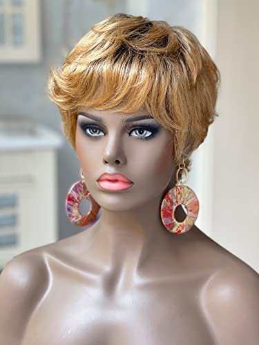 Maxlacewig Short Pixie Cut Wigs For Black Women, 1B/27 Ombre Shaggy Human Hair Pixie Cut Wigs With Textured And Choppy Layers, Glueless Wear And Go Wig Short Tapered Hair-Cut With Bangs #TOP2