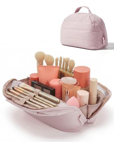 Image of BAGSMART Travel Makeup Bag, Fold-Down Cosmetic Pouch for Women, Pink | Fold-down for easy access. Removable divider for smart organization. Puffy padded & water-resistant for cosmetics