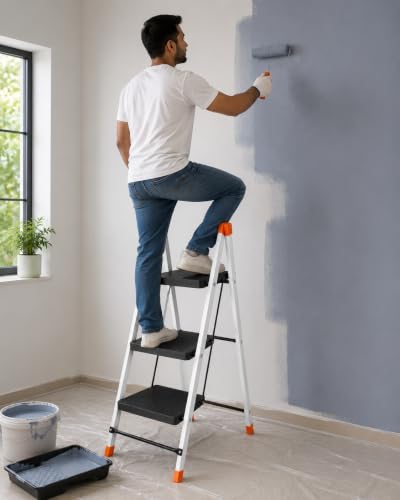 Image of CIPLA PLAST Polo 3 Step Heavy-Duty Foldable Steel Ladder, Non-Slip Steps, for Home, Office, Kitchen & Outdoor Use with Safety Lock, Anti-Slip Steps