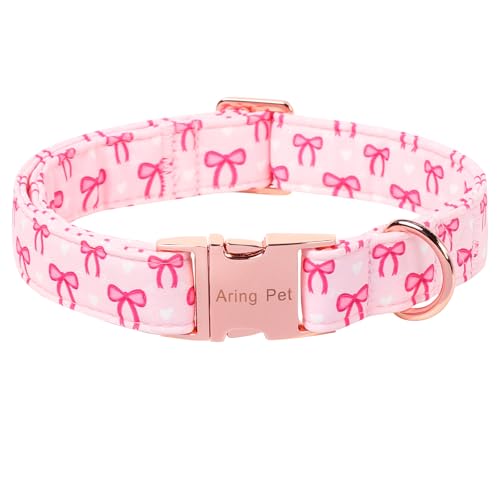 Image of ARING PET Girl Dog Collar for Puppy Small Medium Large Dogs-Pink Bow M | Cute Female Heavy Duty Pet Collars with Metal Buckle for XS S M L XL Dogs, for City Walk Coffee Shop Visit Birthday Party