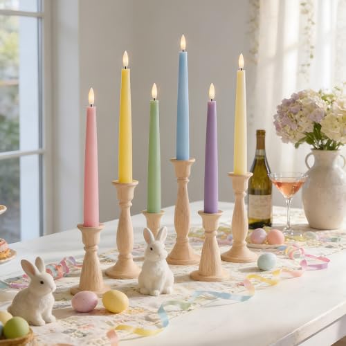 Image of Stmarry Multicolored Pastel Flameless Taper Candles with Remote, 9.65 Inch Real Wax LED Colored Candlesticks, Battery Operated Colorful Candlesticks, Easter Spring Home & Wedding Decor, 6 Pack