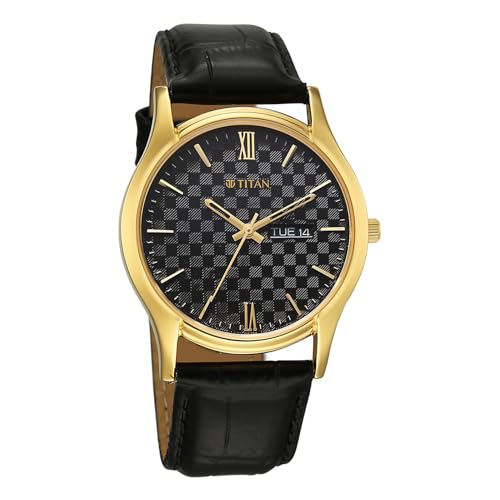 Image of Titan Karishma Regal Classic Day-Date Black Dial Black Leather Men's Dress Watch - 10059YL01