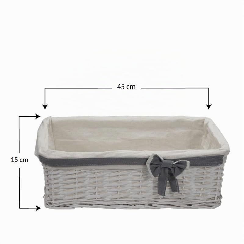 Virsus Set di 3 Cesti in Vimini portaoggetti impilabili 8342, misura 45x27x15 cm e 2 cesti 20x20x12 cm, con fodera in Tessuto, cesto intrecciato organizer per bagno, dispensa, Bianco con Fiocco