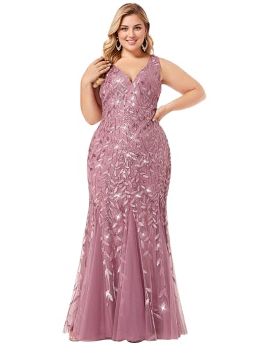Image of Ever-Pretty Plus Sequin Formal Dresses Sleeveless V Neck Mermaid Ball Gowns Plus Size Prom Dress