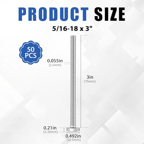 Image of Zonon 50 Pcs 5 /16-18 x 3 inch Hex Head Screw Bolt 18-8 (304) Stainless Steel Hexagon Bolts, Fully Threaded, Plain Finish, External Hex Drive (Silver)