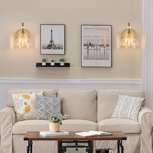 Image of Vintage Wall Sconce Set of 2, Matte Brass Finish Bathroom Wall Sconce, Modern Wall Mount Lamp Light, Indoor Hardwired Vanity Wall Lighting for Bedroom Living Room Hallway