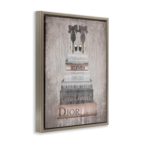 Image of 'Book Stack Heels Metallic Pink'| Floating Frame Canvas Art | Stupell Industries | Brown, 17 x 21 Inches, Easy to Hang and Sturdy, Made in USA, by Amanda Greenwood