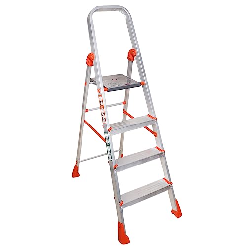 Image of BRANCO Heavy Duty Strong Durable Multipurpose Folding Ladder | Aluminium Safety Ladder with Anti-Slip Steps, Foldable Design, Platinum 4 Step Ladder for Home Use | Orange and Silver