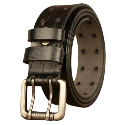 Men's Leather Double Prong Jean Belt With Grommet Holes & Twin Roller Buckle - Handmade Stitching
