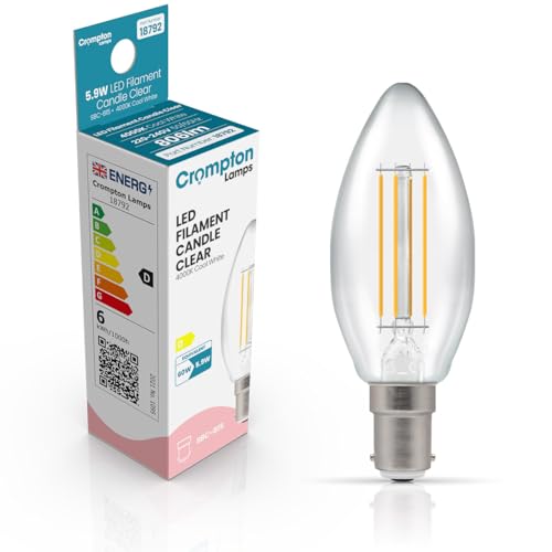 Crompton Lamps Filament Candle LED Light Bulb SBC-B15d | 5.9W = 60W Incandescent | Cool White 4000K | Energy Efficient | Small Bayonet Lightbulb | Long Life 15,000-Hrs | Clear Glass | Dimmable